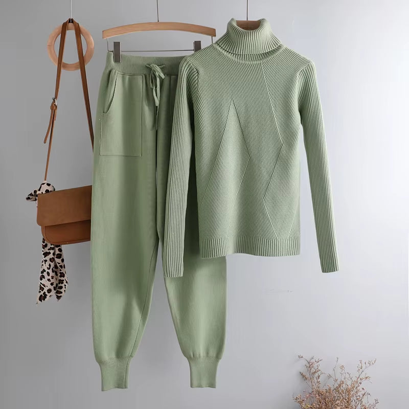 Turtleneck Sweater 2 Pieces Set 2020 Women Chic Knitted Pullover Top + Sweater Pants Jumper Tops+ Trousers Sweater Suits