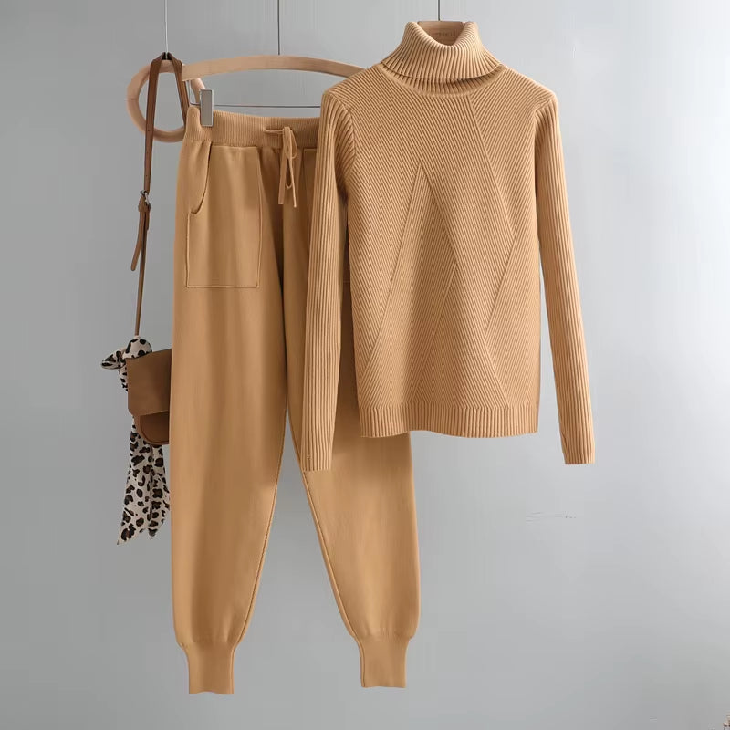 Turtleneck Sweater 2 Pieces Set 2020 Women Chic Knitted Pullover Top + Sweater Pants Jumper Tops+ Trousers Sweater Suits
