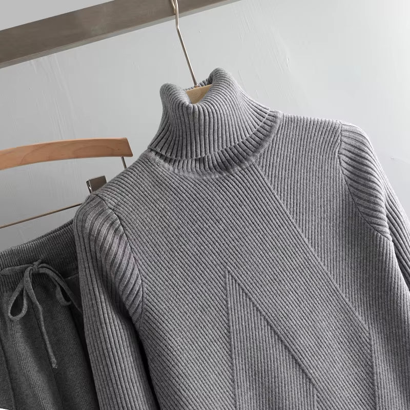 Turtleneck Sweater 2 Pieces Set 2020 Women Chic Knitted Pullover Top + Sweater Pants Jumper Tops+ Trousers Sweater Suits