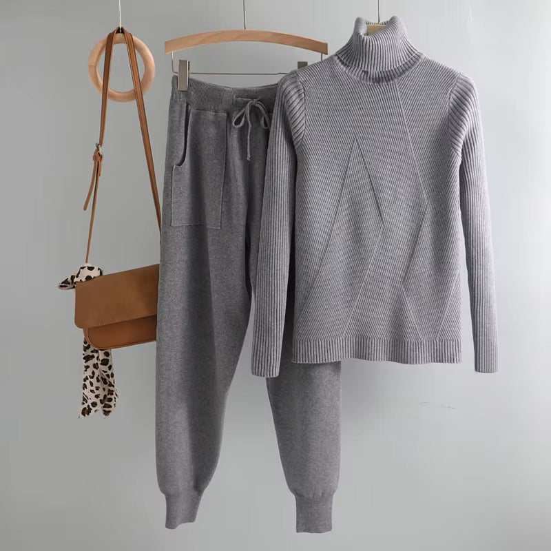 Turtleneck Sweater 2 Pieces Set 2020 Women Chic Knitted Pullover Top + Sweater Pants Jumper Tops+ Trousers Sweater Suits
