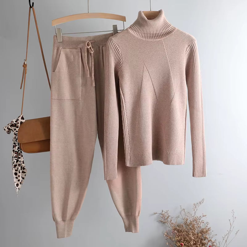 Turtleneck Sweater 2 Pieces Set 2020 Women Chic Knitted Pullover Top + Sweater Pants Jumper Tops+ Trousers Sweater Suits