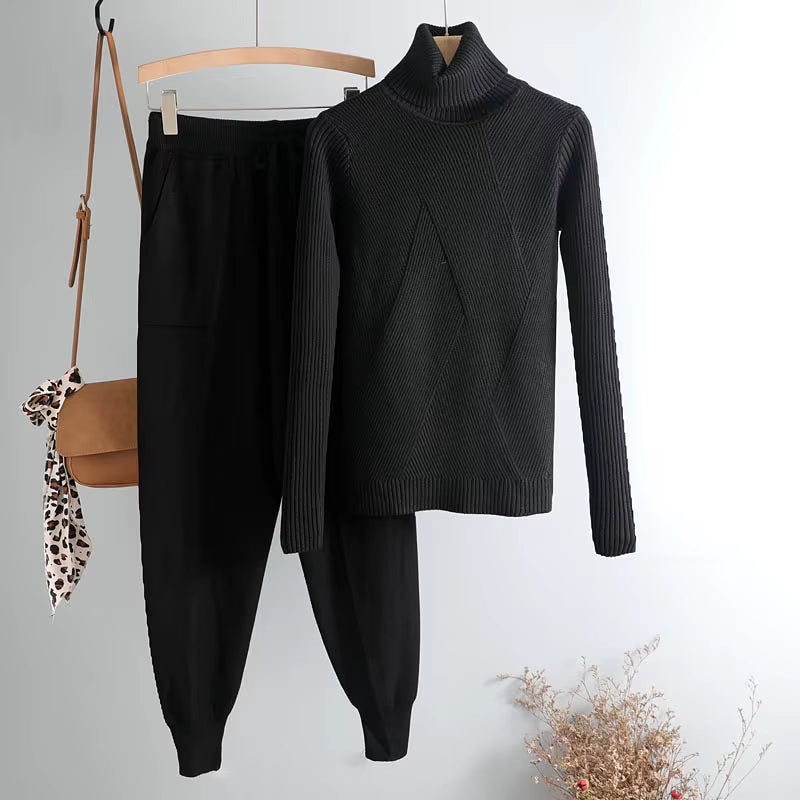 Turtleneck Sweater 2 Pieces Set 2020 Women Chic Knitted Pullover Top + Sweater Pants Jumper Tops+ Trousers Sweater Suits